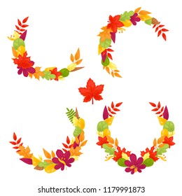 Set of 4 vector circle compositions with autumn leaves. Fall leaves composed into wreath. Printed materials for design brochures, flyers, banners, cards, and posters.