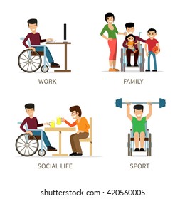 Set Of 4 Vector Color Illustration Of Disabled Person Lifestyle - Work, Family, Social Life, Sport Activity. Cartoon Style. On Isolated Background. Concept For Adaptation Of People With Disability.