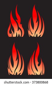 Set of 4 vector colorful fires isolated on black.