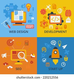 Set of 4 vector concept icons for web and mobile phone services and apps. Icons for web design, SEO, application development and start up.