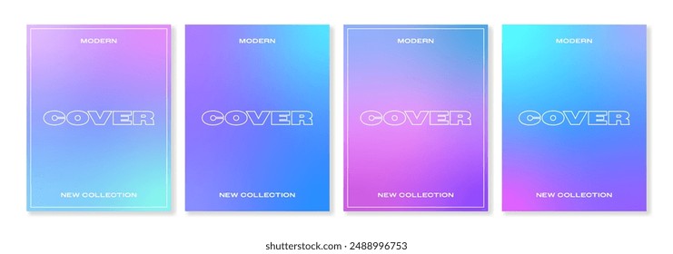 Set of 4 vector cover templates with gradient backgrounds of neon colors. For brochures, booklets, catalogues, posters, branding, social media, business cards and other projects. Just add your text.