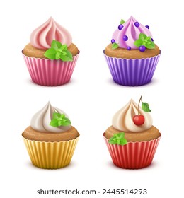 Ein Set von 4 Vektorgrafiken Cupcakes mit Creme und Beeren, auf weißem Hintergrund. Abbildung erstellt mit Gradientenmaschen, EPS 10
