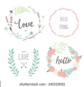 Set of 4 vector design floral wreaths and typography. Hand drawn love collection. Valentine's day kit. Set for wedding design. Save the date.