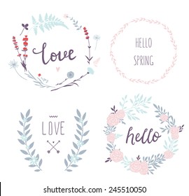 Set of 4 vector design floral wreaths and typography. Hand drawn love collection. Valentine's day kit. Set for wedding design. Save the date.
