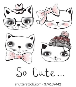 Set of 4 Vector doodle cute cats avatars