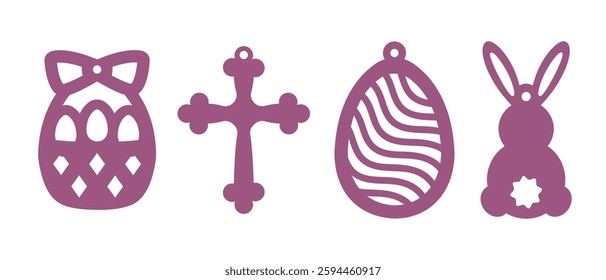 Set of 4 vector Easter designs for earrings, pendant or keychain. Basket with eggs, cross, abstract egg and bunny with tail. Jewelry cutting template. Laser cut with leather, wood or metal