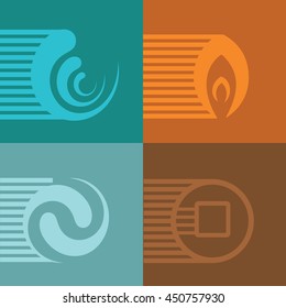 Set of 4 vector elements - fire, water, air, ground on color background