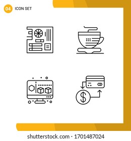 Set of 4 Vector Filledline Flat Colors on Grid for board; gadget; mainboard; cup; accounting Editable Vector Design Elements