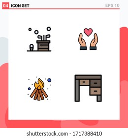 Set of 4 Vector Filledline Flat Colors on Grid for bag; fire; game; love; decor Editable Vector Design Elements