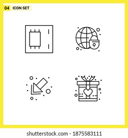Set of 4 Vector Filledline Flat Colors on Grid for chip; arrow; mainboard; globe; left Editable Vector Design Elements