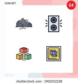 Set of 4 Vector Filledline Flat Colors on Grid for hill; box; mountain; holiday; computing Editable Vector Design Elements