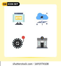 Set von 4 Vektorillustrationen Flache Symbole auf Raster für die Domäne; Rad, Verbindung; Macht, Design-Elemente für lebensbearbeitbare Vektorillustrationen