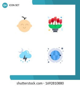 Set of 4 Vector Flat Icons on Grid for baby; weather; bouquet; gift; cloud Editable Vector Design Elements