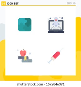 Set of 4 Vector Flat Icons on Grid for puzzle; book; teamwork; speedup; syringe Editable Vector Design Elements