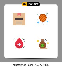 Conjunto de 4 iconos planos vectoriales en la cuadrícula para la caja; atención de la salud; ocultar; gancho; materiales para el diseño de vectores editables en bolsa