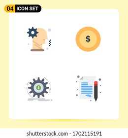 Set of 4 Vector Flat Icons on Grid for brain; flow; mechanism; dollar; making Editable Vector Design Elements