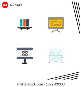 Set of 4 Vector Flat Icons on Grid for files; study; database; storage; atom Editable Vector Design Elements
