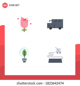 Set of 4 Vector Flat Icons on Grid for flower; of; holiday; transportation; bulb Editable Vector Design Elements
