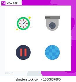 Set of 4 Vector Flat Icons on Grid for clock; devices; camera; multimedia; equipment Editable Vector Design Elements