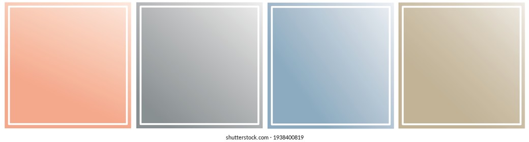 Conjunto de 4 gradientes de moda de color pastel suave y suave con marco blanco. Colección de colores modernos en 2021. Paleta de decoración y diseño. Fondo aislado. Estirar el color. Boda. Beige, melocotón