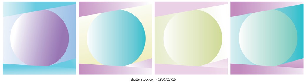 Se compone de 4 gradientes de moda pasteles de color pastel con un círculo. Colección de colores modernos en 2021. Paleta para banner y diseño. Fondo aislado. Estiramiento.Púrpura, amarilla, azul, verde, geométrico en blanco