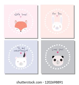 Set of 4 vector greeting cards with cute kawaii animals and phrases. Simple design. Flat style.