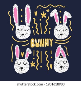 Set of 4 vector hand drawn Easter bunny for celebrating spring holiday and Easter, cute fluffy elements for banner and greeting card, adorable white rabbit with fur, decorative holiday symbol 