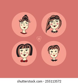 Set of 4 vector hand drawn cartoon girls faces with different hair style. Pink vector background