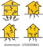 Set of 4 vector icons of earthquake building damage. Cracked house illustration for natural disaster warning.	