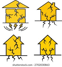 Conjunto de 4 ícones vetoriais dos danos causados ao edifício pelo terramoto. Ilustração de casa rachada para aviso de desastres naturais.	