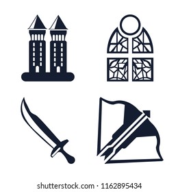 Set of 4 vector icons such as Tower, Stained glass, Sword, Crossbow, web UI editable icon pack, pixel perfect