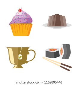 Set of 4 vector icons such as Cupcake, Pudding, Tea, Sushi, web UI editable icon pack, pixel perfect