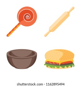 Set of 4 vector icons such as Jawbreaker, Rolling pin, Bowl, Hamburguer, web UI editable icon pack, pixel perfect