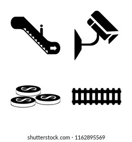 Set of 4 vector icons such as Escalator, Cctv, Coins, Train, web UI editable icon pack, pixel perfect