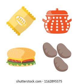 Set of 4 vector icons such as Chips, Pot, Hamburguer, Potatoes, web UI editable icon pack, pixel perfect