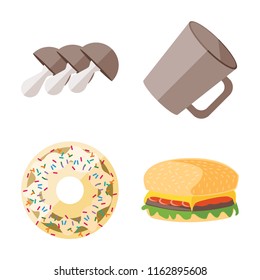 Set of 4 vector icons such as Mushrooms, Mug, Doughnut, Hamburguer, web UI editable icon pack, pixel perfect