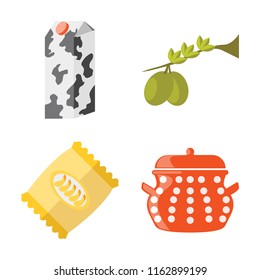 Set of 4 vector icons such as Milk, Olives, Chips, Pot, web UI editable icon pack, pixel perfect