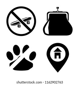 Set of 4 vector icons such as Skateboard, Purse, No pets, Location, web UI editable icon pack, pixel perfect