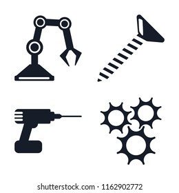 Set of 4 vector icons such as Industrial robot, Screw, Drill, Cogwheel, web UI editable icon pack, pixel perfect