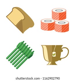 Set of 4 vector icons such as Bread, Sushi, Asparagus, Tea, web UI editable icon pack, pixel perfect