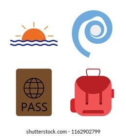 Set of 4 vector icons such as Sunset, Seashell, Passport, Backpack, web UI editable icon pack, pixel perfect