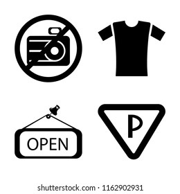 Set of 4 vector icons such as No camera, Shirt, Open, Parking, web UI editable icon pack, pixel perfect