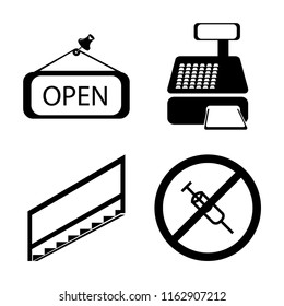 Set of 4 vector icons such as Open, Cashier machine, Stairs, No drugs, web UI editable icon pack, pixel perfect