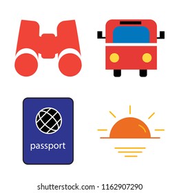 Set of 4 vector icons such as Binoculars, Bus, Passport, Sunset, web UI editable icon pack, pixel perfect