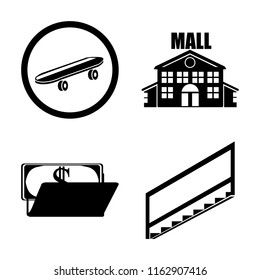 Set of 4 vector icons such as Skateboard, Mall, Wallet, Stairs, web UI editable icon pack, pixel perfect