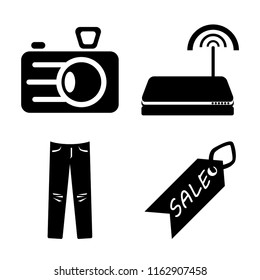 Set of 4 vector icons such as Camera, Wifi, Jeans, Sale, web UI editable icon pack, pixel perfect