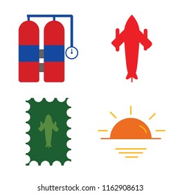 Set of 4 vector icons such as Aqualung, Airplane, Postage, Sunset, web UI editable icon pack, pixel perfect