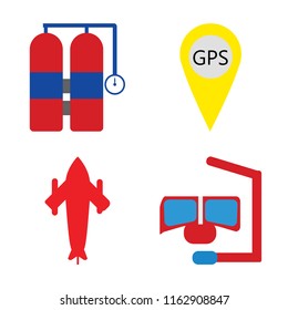 Set of 4 vector icons such as Aqualung, Gps, Airplane, Snorkel, web UI editable icon pack, pixel perfect
