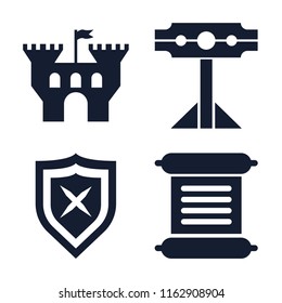 Set of 4 vector icons such as Castle, Pillory, Shield, Scroll, web UI editable icon pack, pixel perfect