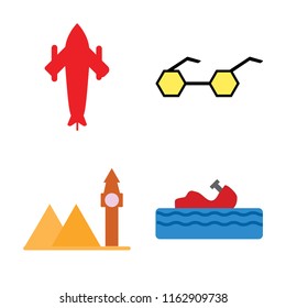 Set of 4 vector icons such as Airplane, Sunglasses, Landmark, Water craft, web UI editable icon pack, pixel perfect